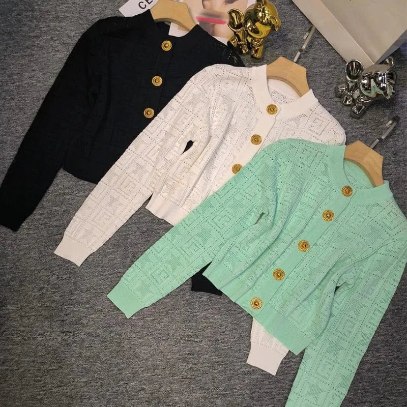 New Arrival 2024 Spring Summer Women Solid O-neckline Coat Design Knitted Office Lady Single-breasted Hollow Out Cardigan