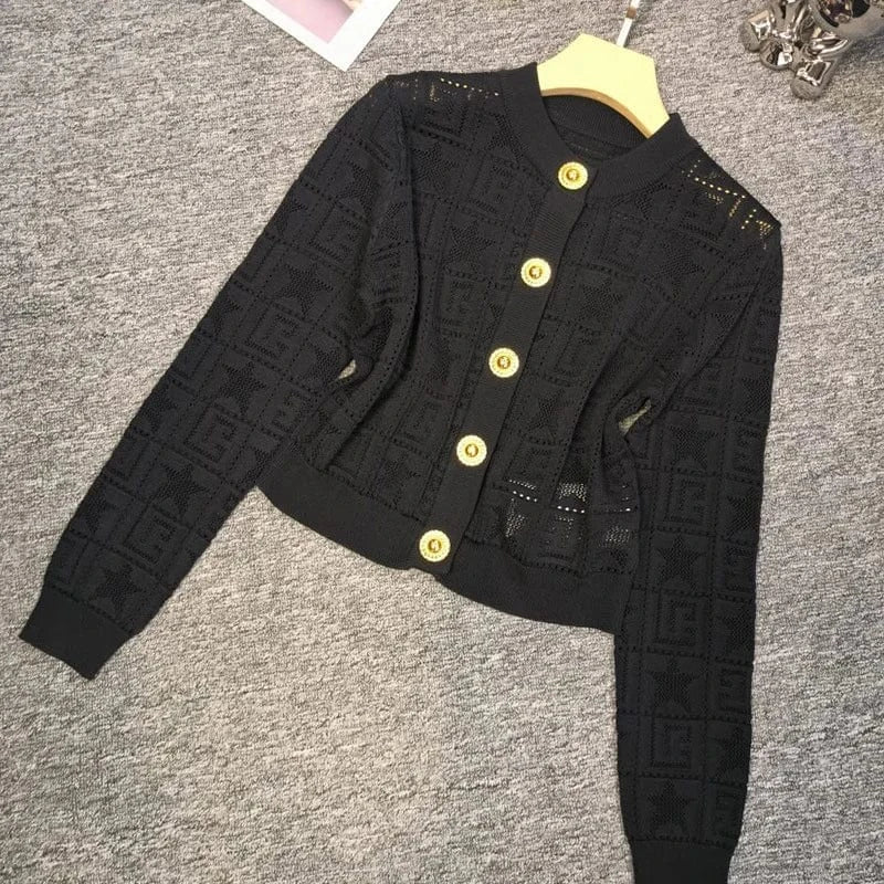 New Arrival 2024 Spring Summer Women Solid O-neckline Coat Design Knitted Office Lady Single-breasted Hollow Out Cardigan