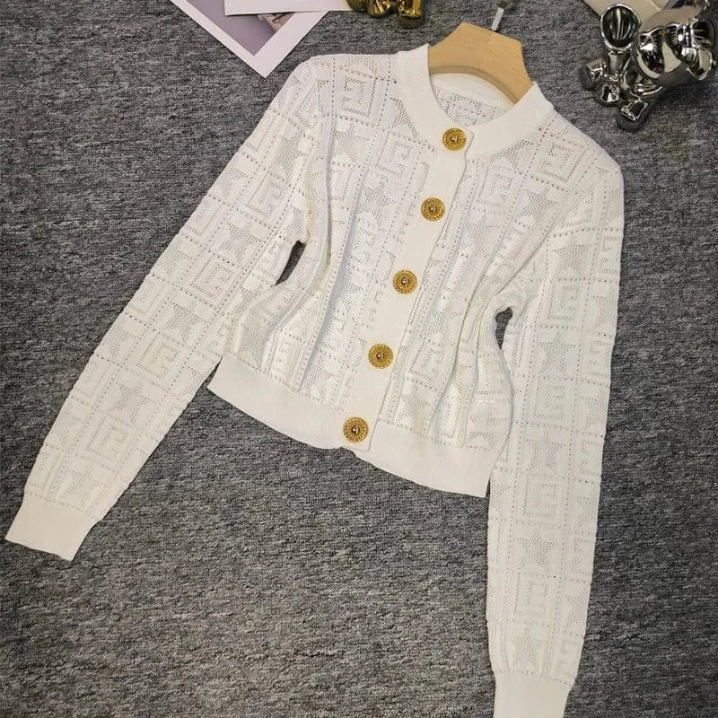 New Arrival 2024 Spring Summer Women Solid O-neckline Coat Design Knitted Office Lady Single-breasted Hollow Out Cardigan