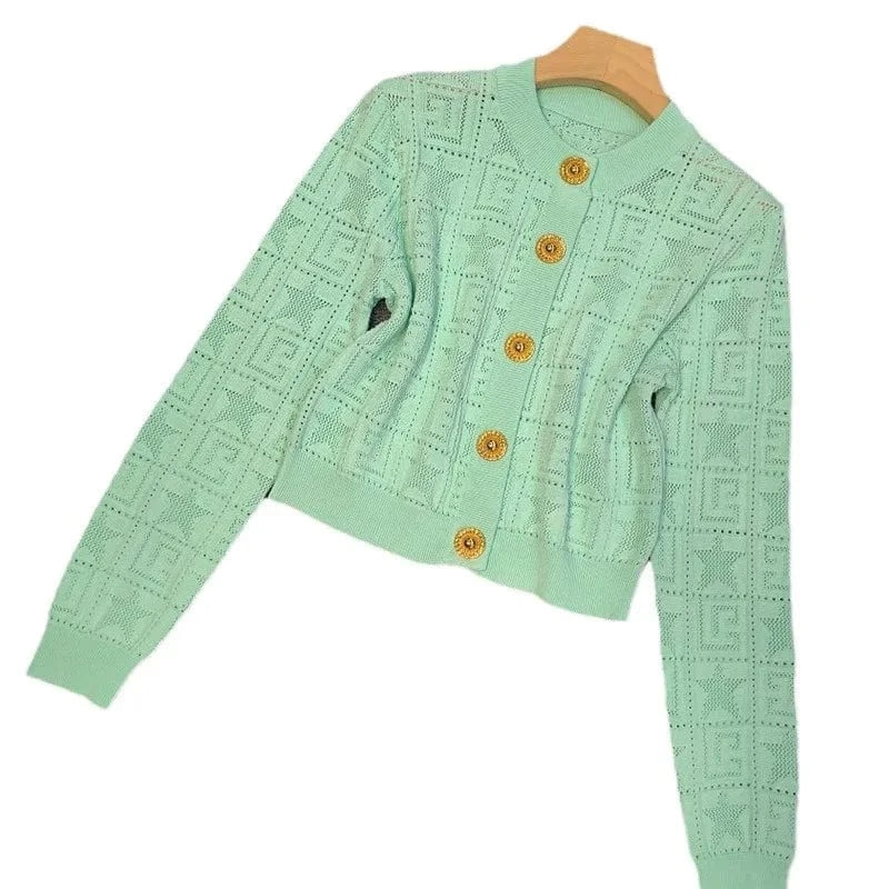 New Arrival 2024 Spring Summer Women Solid O-neckline Coat Design Knitted Office Lady Single-breasted Hollow Out Cardigan