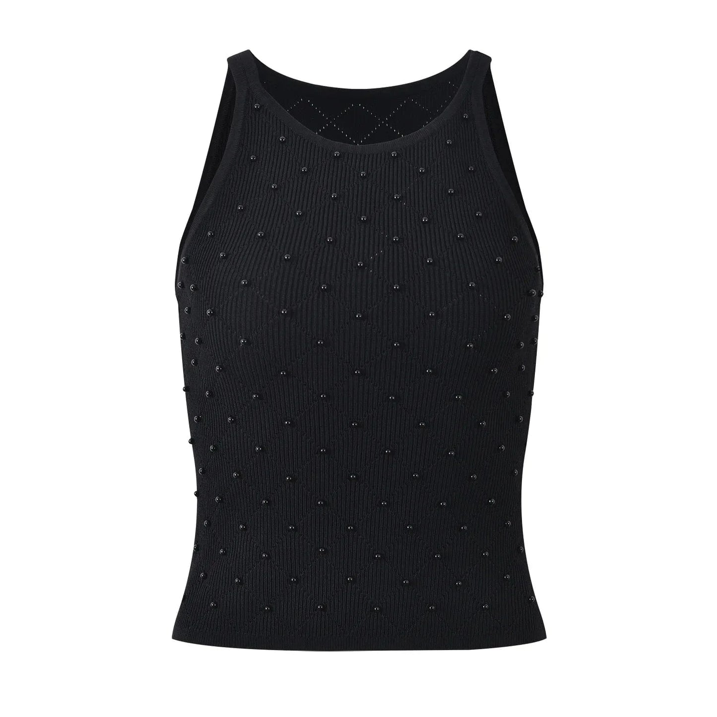 New Arrival 2024 Summer Lady Fine Workmanship Beading Round Collar Sleeveless Tops Women Pullover Slim Solid Knits Shirts