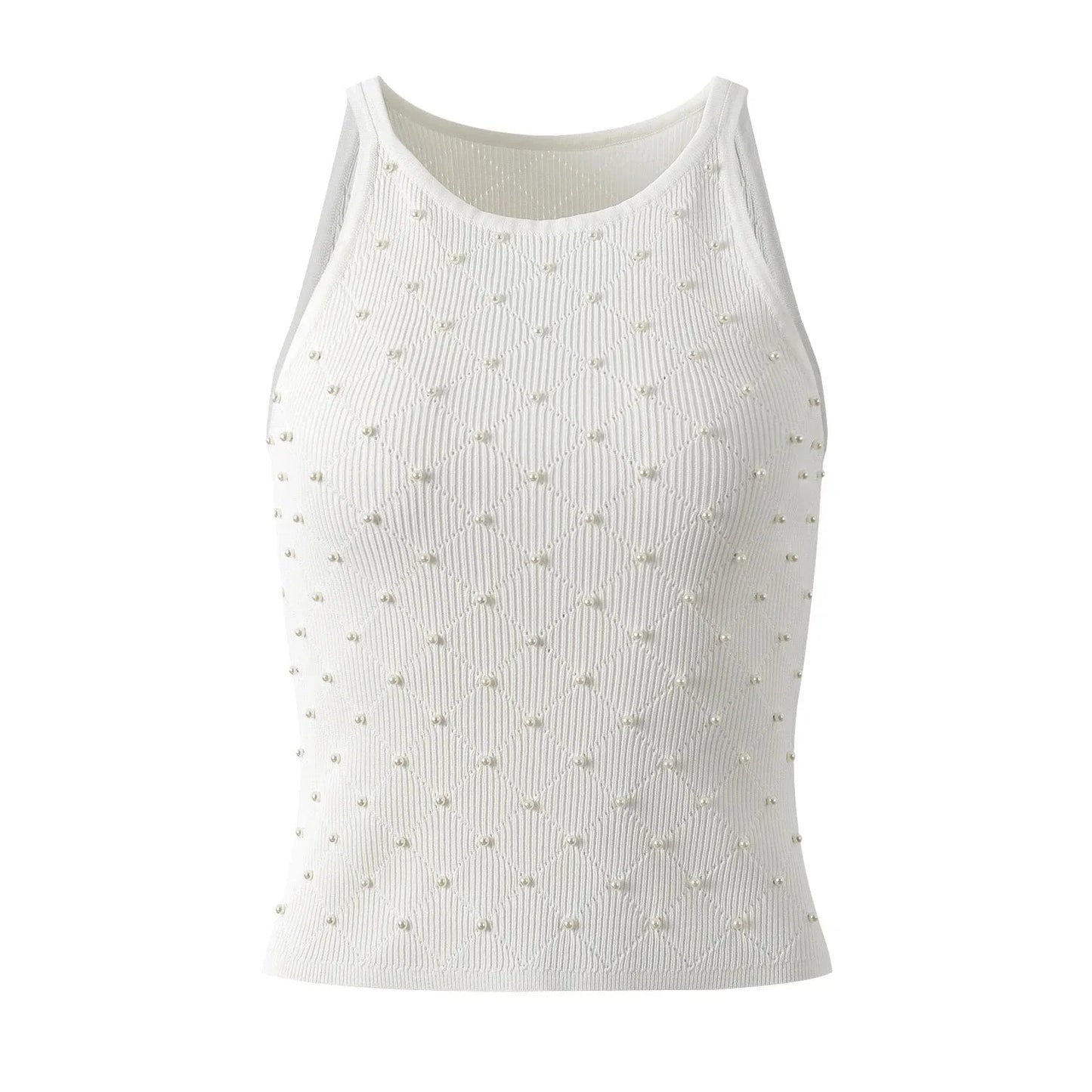 New Arrival 2024 Summer Lady Fine Workmanship Beading Round Collar Sleeveless Tops Women Pullover Slim Solid Knits Shirts