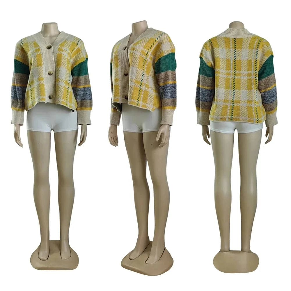 New Arrival 2024 Women Fashion Color Block Long Sleeve Drop Shoulder V Neck Knitted Sweater Cropped Loose Button Jacket Cardigan