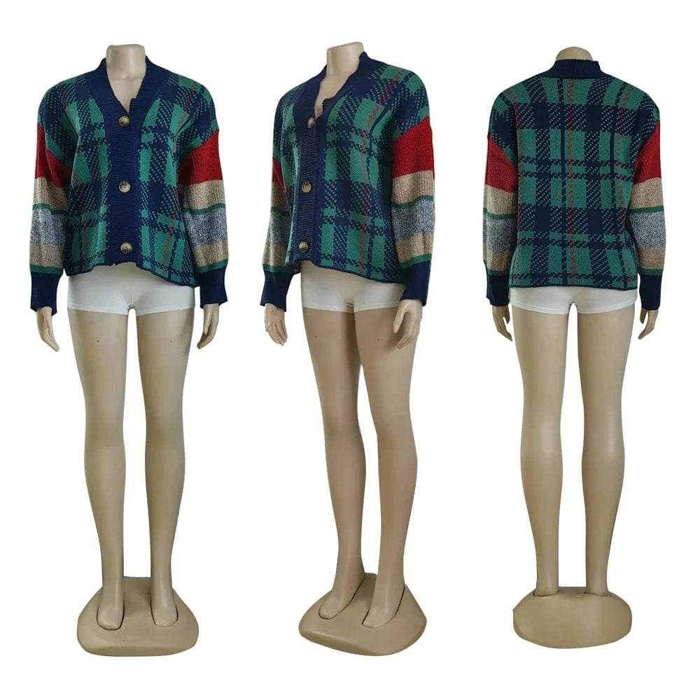 New Arrival 2024 Women Fashion Color Block Long Sleeve Drop Shoulder V Neck Knitted Sweater Cropped Loose Button Jacket Cardigan