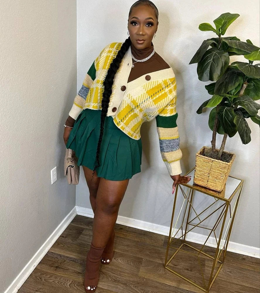 New Arrival 2024 Women Fashion Color Block Long Sleeve Drop Shoulder V Neck Knitted Sweater Cropped Loose Button Jacket Cardigan