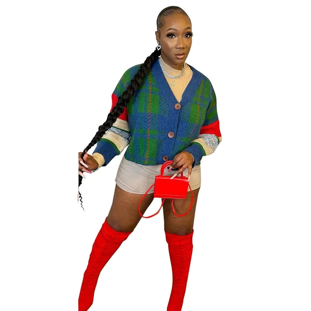 New Arrival 2024 Women Fashion Color Block Long Sleeve Drop Shoulder V Neck Knitted Sweater Cropped Loose Button Jacket Cardigan