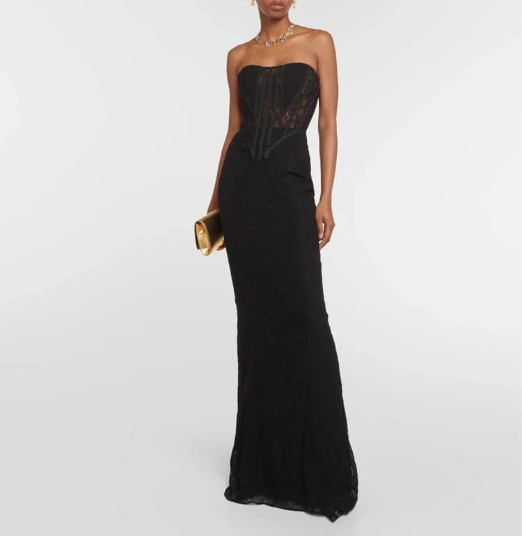 New Arrival 2024 Women's Sexy Bodycon Strapless Lace Two Piece Set Long Skirt
