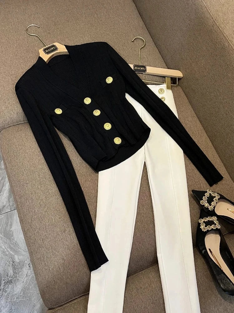 New Arrival All Match Solid Top V-neckline Fine Workmanship Single-breasted Long Sleeve Women Knit Cardigan