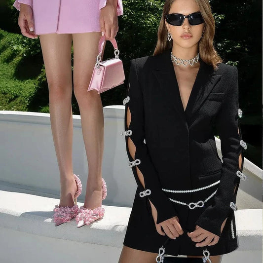 New Arrival Elegant Women's Blazers Dress Long Sleeve Rhinestone Hollow-out Lady Suit