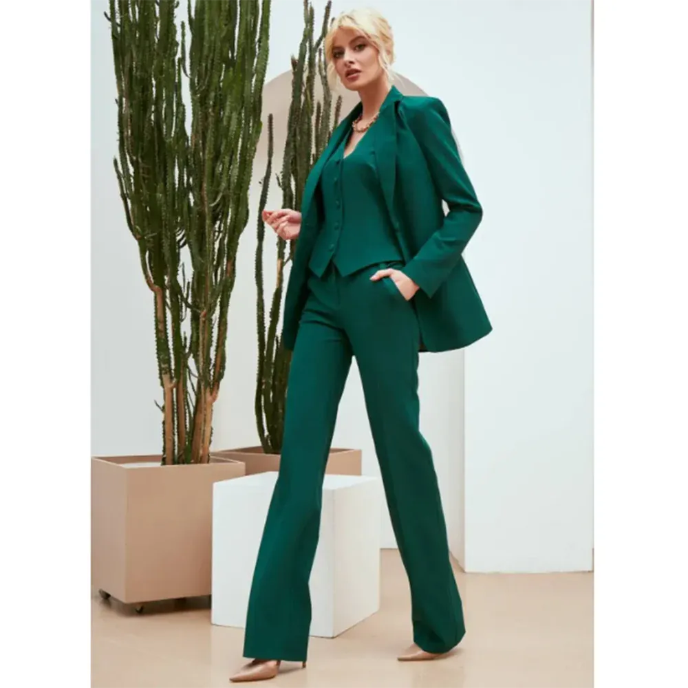 New Arrival Fashion Chic Green Women Suit Single Breasted 3 Piece Jacket Pants Vest Female Clothing Formal Office Blazer Set
