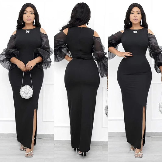 New arrival fashion temperament slim fit plus size dress net yarn sleeved elegant casual Africa dress women clothing