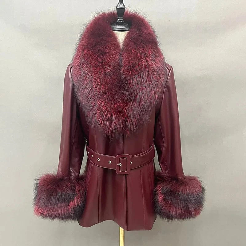 New Arrival Fox Fur collar Trim Leather Coat Women Black Genuine Leather Fur Jacket with Fur