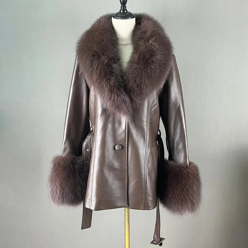 New Arrival Fox Fur collar Trim Leather Coat Women Black Genuine Leather Fur Jacket with Fur