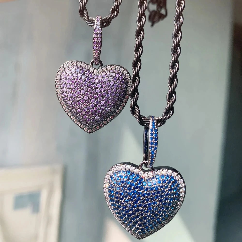 New Arrival Iced Out Bling CZ Jewelry for Hip Hop 2024 Valentines's Day Gift Women Blue Purple Heart Pendant Necklace
