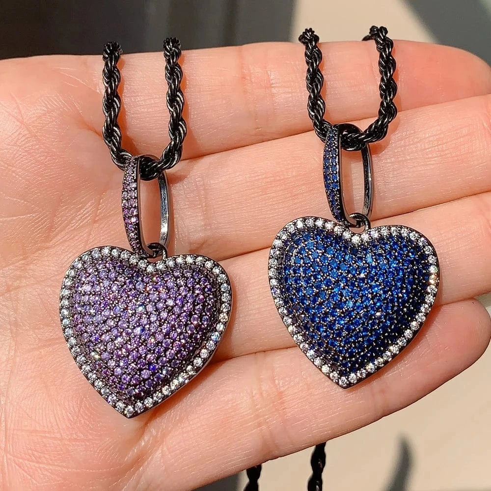 New Arrival Iced Out Bling CZ Jewelry for Hip Hop 2024 Valentines's Day Gift Women Blue Purple Heart Pendant Necklace