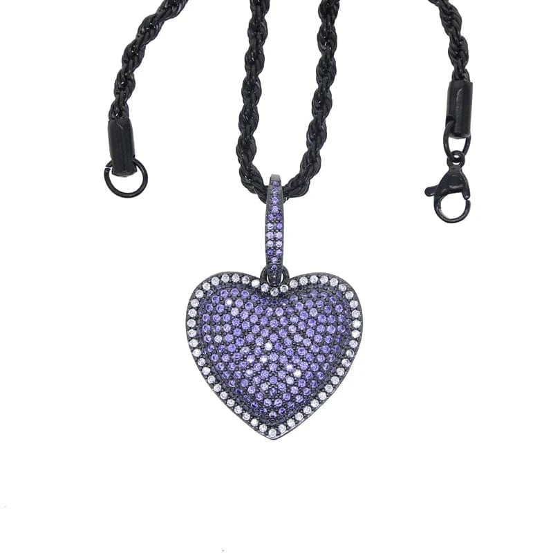 New Arrival Iced Out Bling CZ Jewelry for Hip Hop 2024 Valentines's Day Gift Women Blue Purple Heart Pendant Necklace