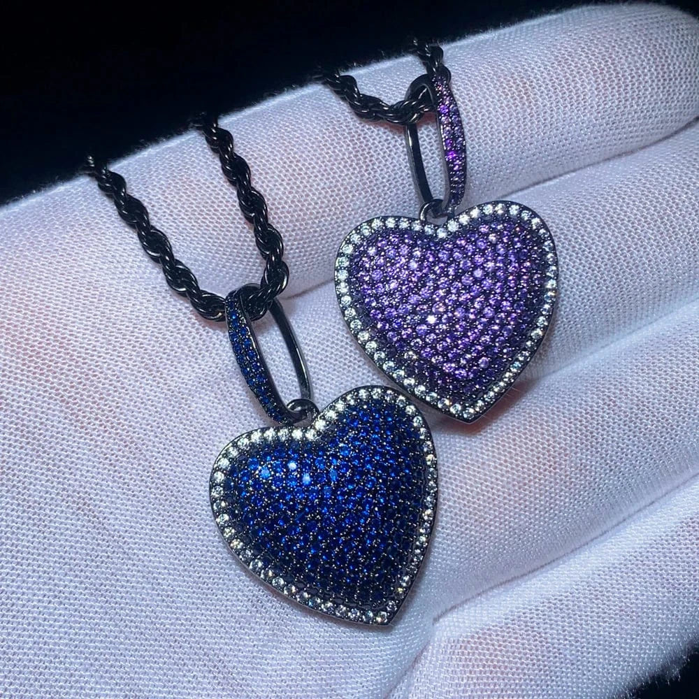 New Arrival Iced Out Bling CZ Jewelry for Hip Hop 2024 Valentines's Day Gift Women Blue Purple Heart Pendant Necklace