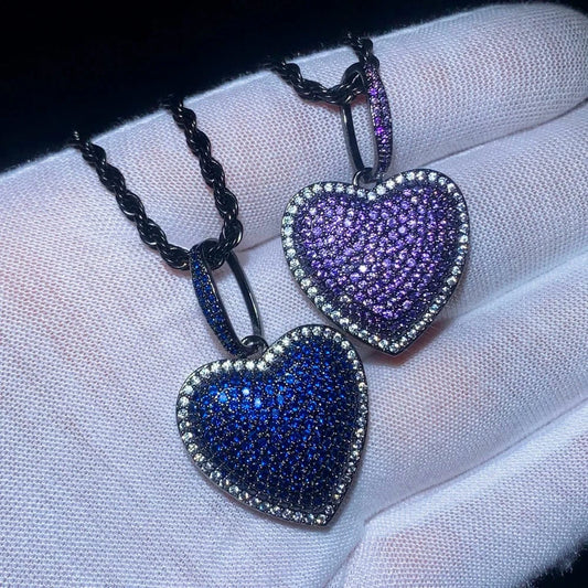 New Arrival Iced Out Bling CZ Jewelry for Hip Hop 2024 Valentines's Day Gift Women Blue Purple Heart Pendant Necklace