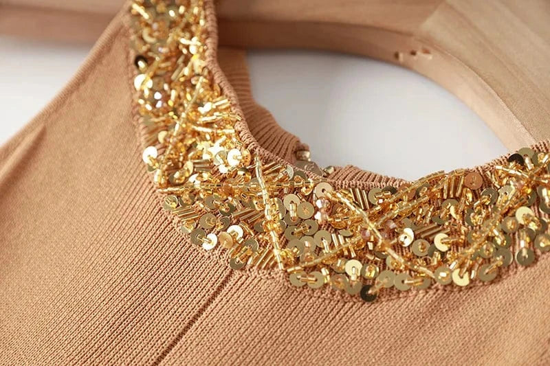 New Arrival Lady Summer Party Wear Basic Chic Beading O-neckline Solid Sleeveless Slim Fitted Women Knit Skinny Midi Dress