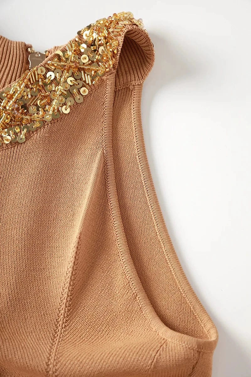 New Arrival Lady Summer Party Wear Basic Chic Beading O-neckline Solid Sleeveless Slim Fitted Women Knit Skinny Midi Dress