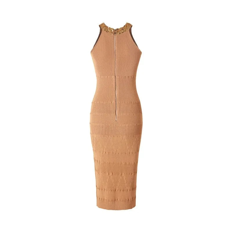 New Arrival Lady Summer Party Wear Basic Chic Beading O-neckline Solid Sleeveless Slim Fitted Women Knit Skinny Midi Dress