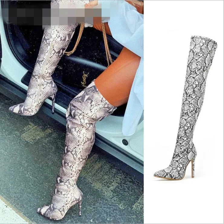 New arrival last design snake print pointed toe stiletto high fashion heels over the knee high boots zip sexy women high quality