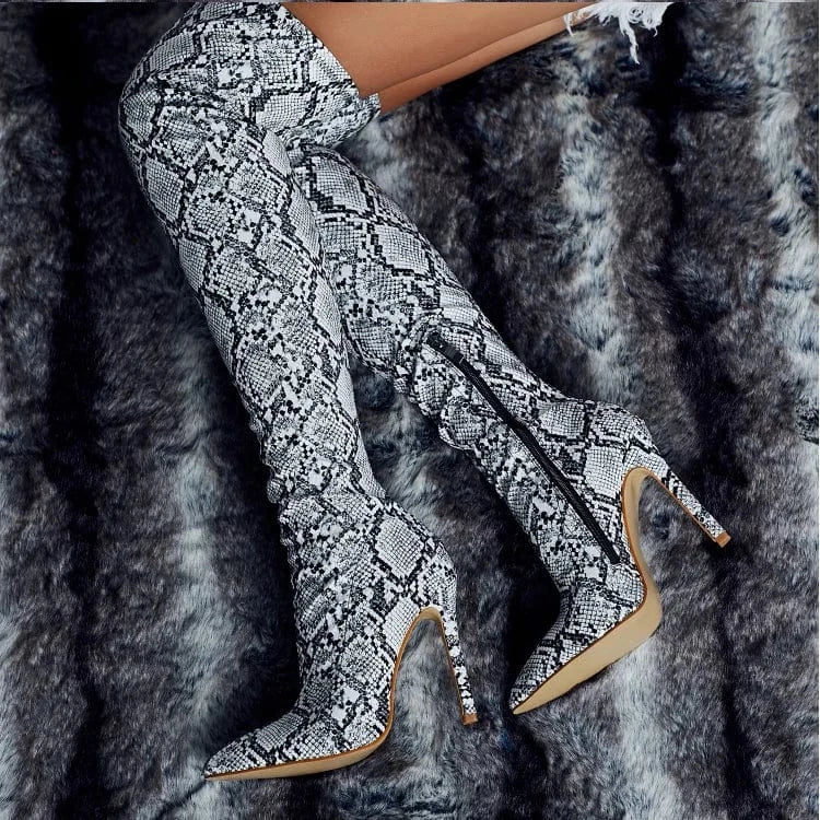 New arrival last design snake print pointed toe stiletto high fashion heels over the knee high boots zip sexy women high quality