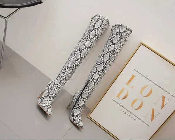 New arrival last design snake print pointed toe stiletto high fashion heels over the knee high boots zip sexy women high quality