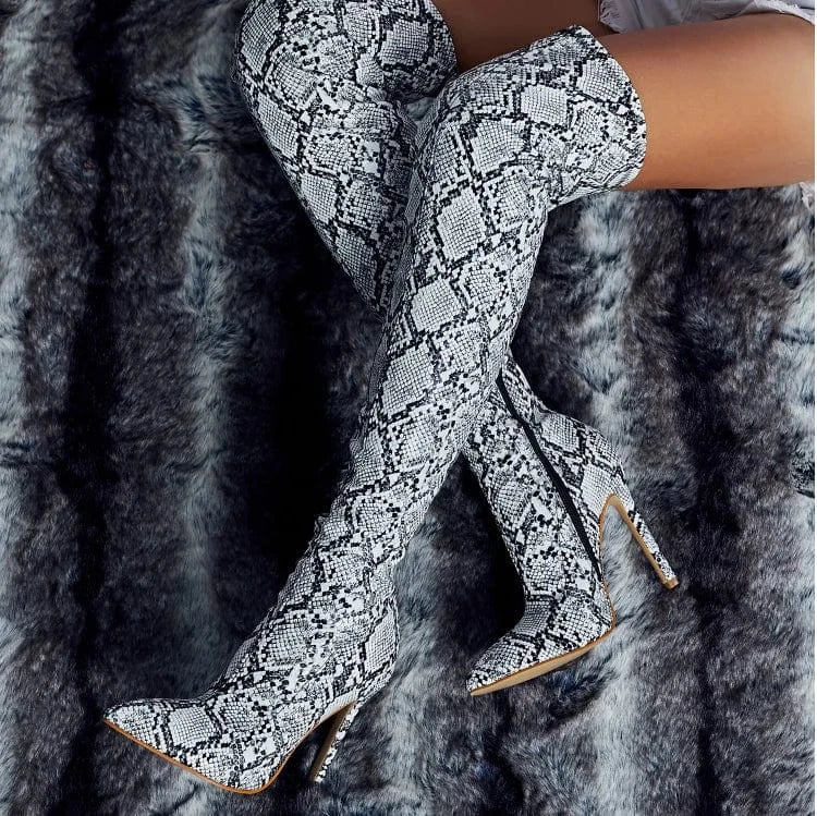 New arrival last design snake print pointed toe stiletto high fashion heels over the knee high boots zip sexy women high quality