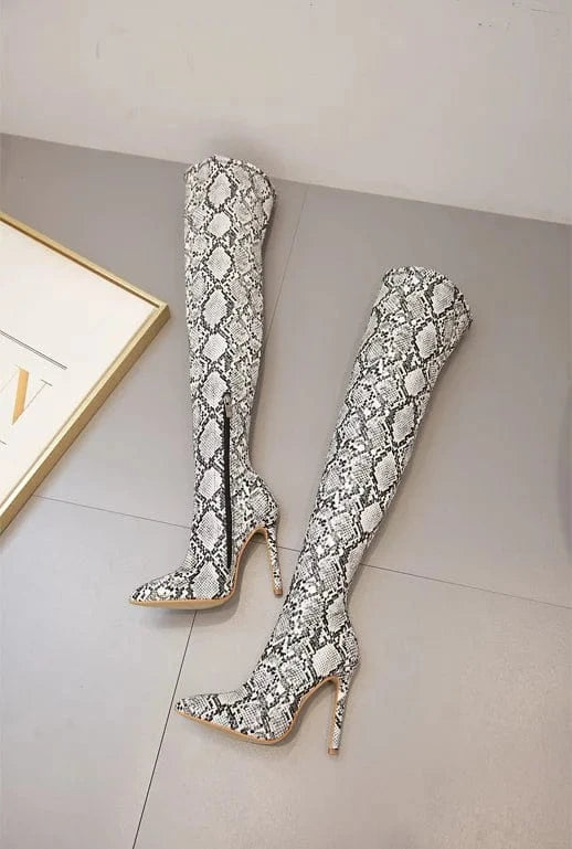 New arrival last design snake print pointed toe stiletto high fashion heels over the knee high boots zip sexy women high quality