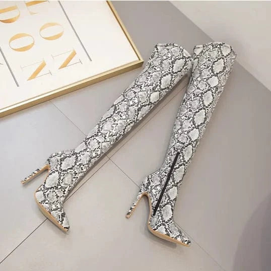 New arrival last design snake print pointed toe stiletto high fashion heels over the knee high boots zip sexy women high quality