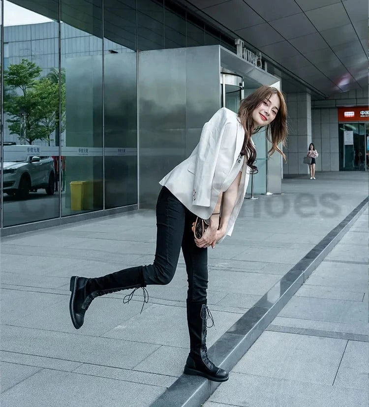 New arrival last design sock boots stretch material round toe block knee high boots for winter lace up detail black cool fashion