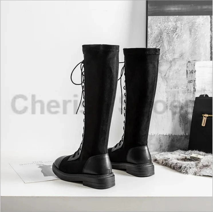 New arrival last design sock boots stretch material round toe block knee high boots for winter lace up detail black cool fashion