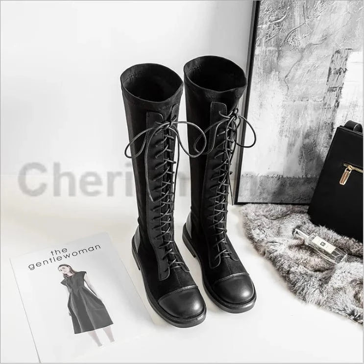 New arrival last design sock boots stretch material round toe block knee high boots for winter lace up detail black cool fashion