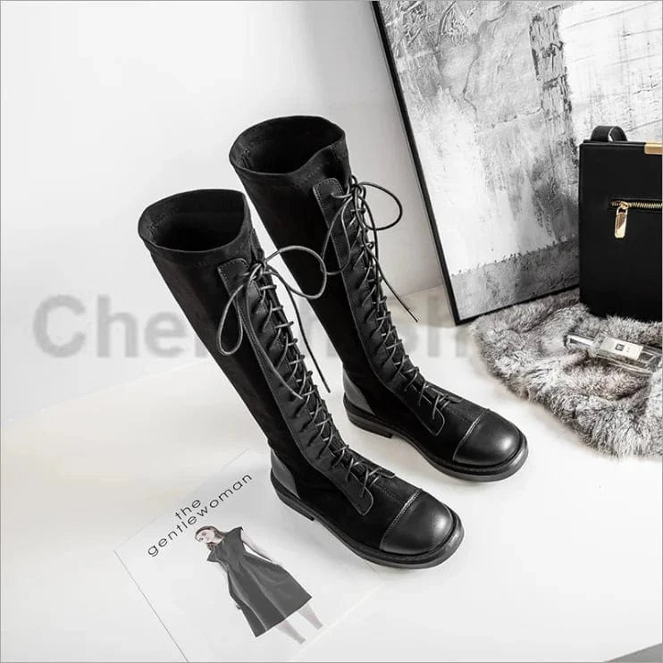 New arrival last design sock boots stretch material round toe block knee high boots for winter lace up detail black cool fashion