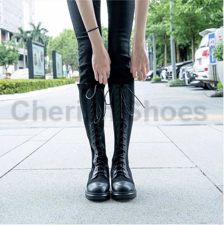 New arrival last design sock boots stretch material round toe block knee high boots for winter lace up detail black cool fashion