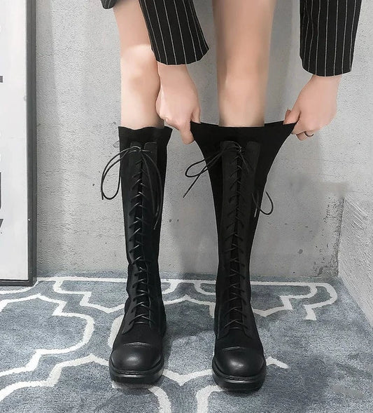 New arrival last design sock boots stretch material round toe block knee high boots for winter lace up detail black cool fashion