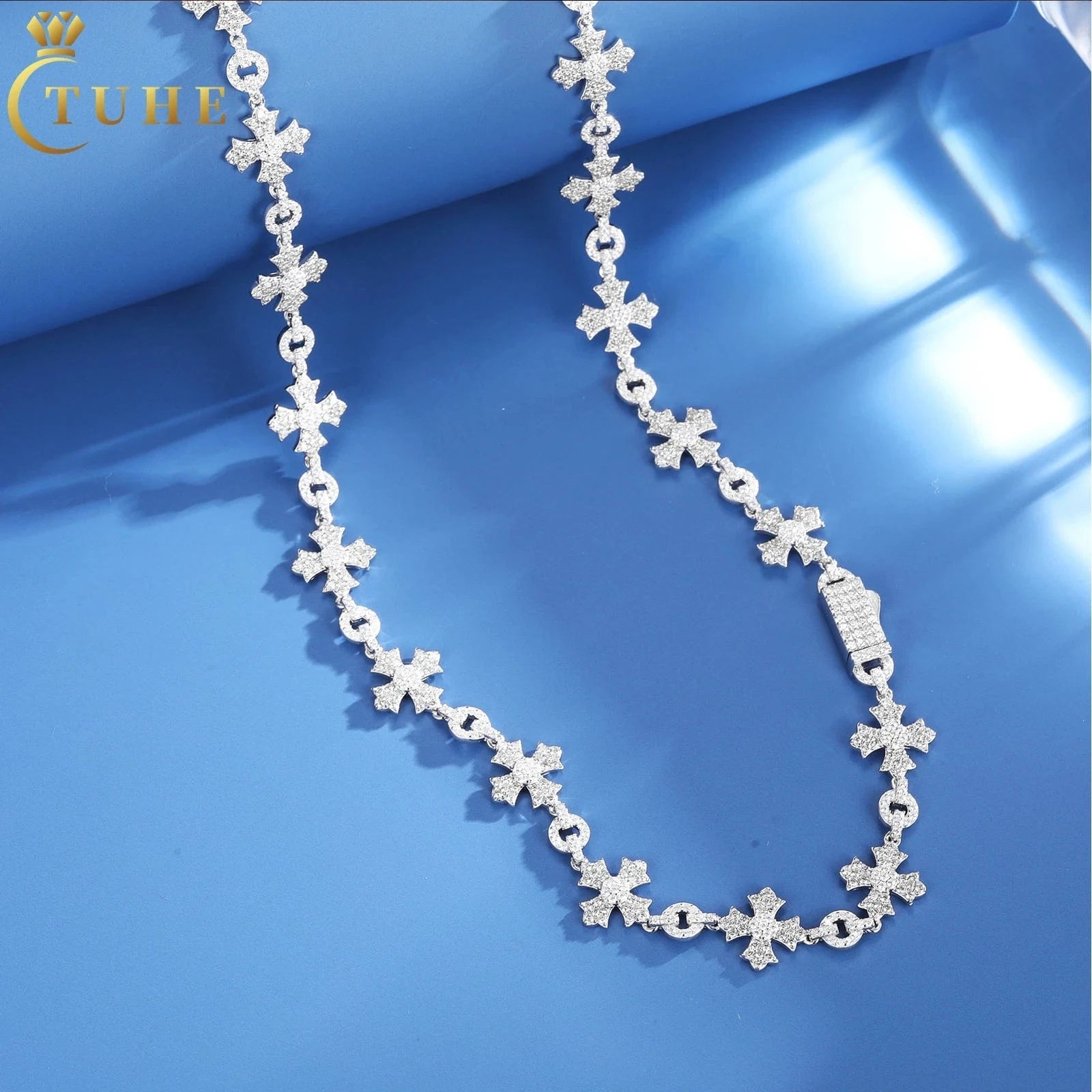 New Arrival Luxury Hip Hop Jewelry Mens 12mm 925 Sterling Silver VVS Moissanite Diamond Iced Out Cross Link Chain Necklace