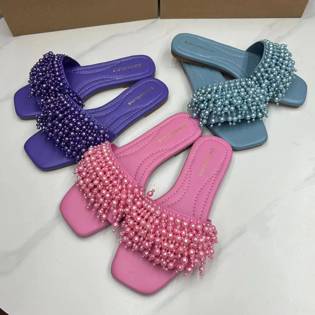 New Arrival Sandale Plat  Pearl Diamond Outdoor 2024 New Spring Korean Sandals for Women