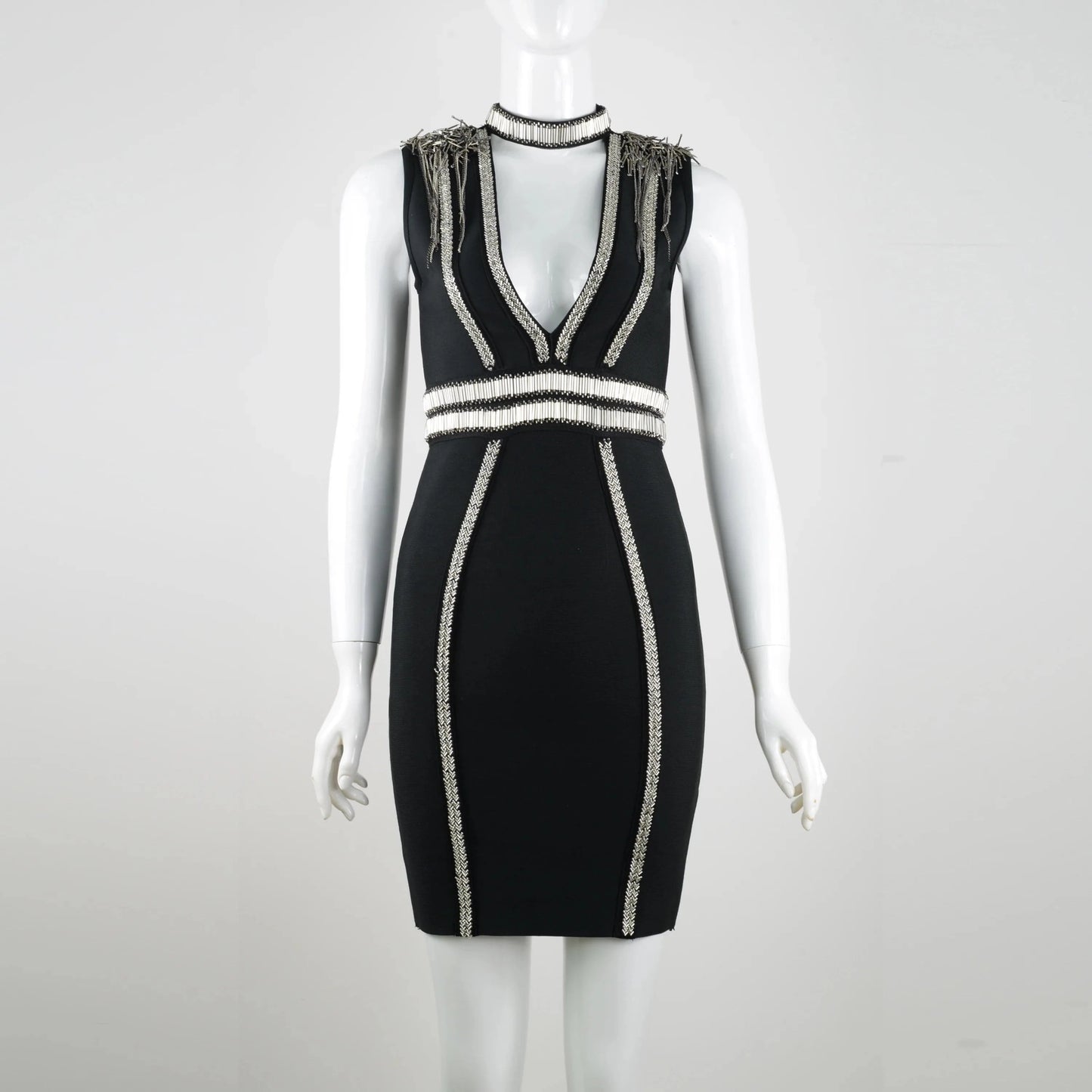 New Arrival Sexy Women Dress Hand Beading Sleeveless V-neck Bodycon Bandage Dress Evening Party Mini Dress