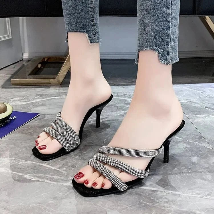 New Arrival Sexy Women Square Toe Sandals Shiny Elegant Fashion Outdoor Sandals High Heels