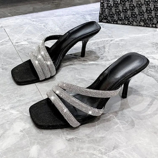 New Arrival Sexy Women Square Toe Sandals Shiny Elegant Fashion Outdoor Sandals High Heels