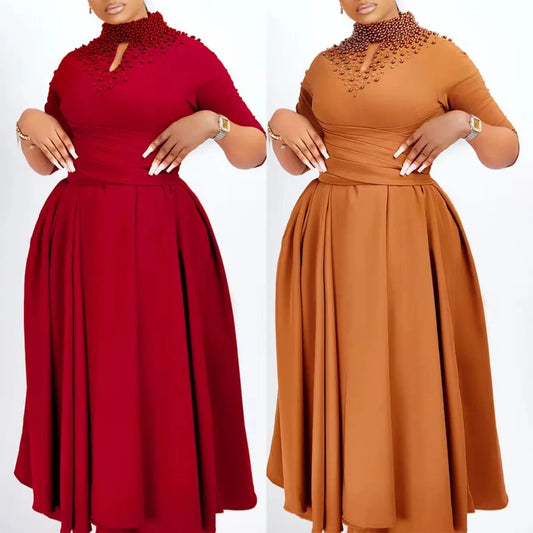 New Arrival Solid Color Clothing fall Wholesale bridal pearl beaded swing Long Sleeve Plus Size evening african Women Dresses