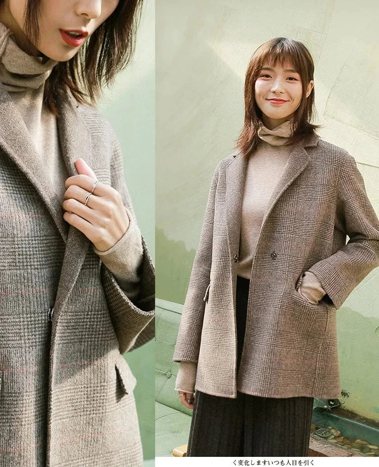 New Arrival Solid Color Lattice Double Face Winter Short Cashmere Wool Coats Women