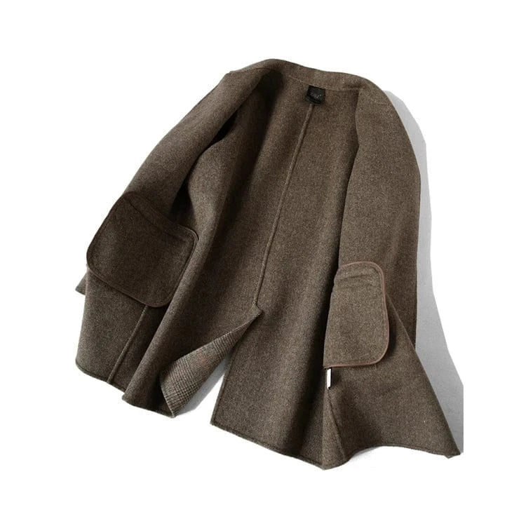 New Arrival Solid Color Lattice Double Face Winter Short Cashmere Wool Coats Women