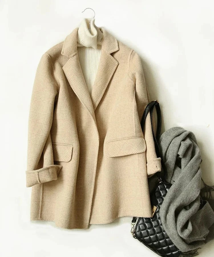 New Arrival Solid Color Lattice Double Face Winter Short Cashmere Wool Coats Women