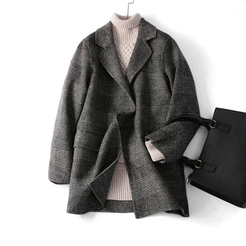 New Arrival Solid Color Lattice Double Face Winter Short Cashmere Wool Coats Women