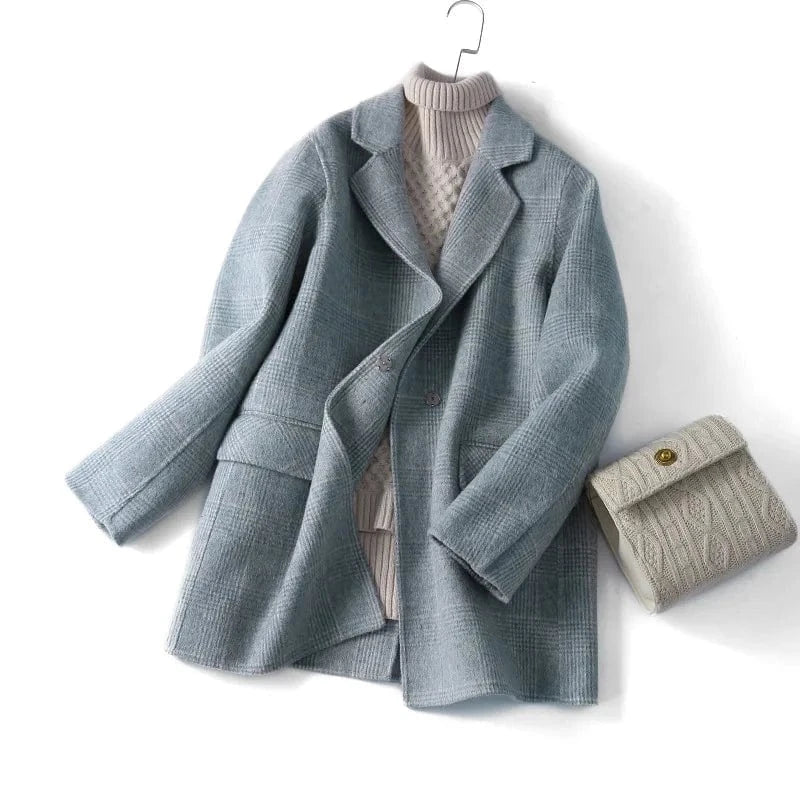 New Arrival Solid Color Lattice Double Face Winter Short Cashmere Wool Coats Women