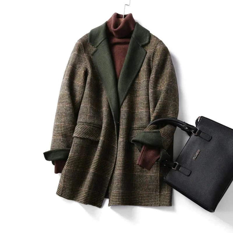 New Arrival Solid Color Lattice Double Face Winter Short Cashmere Wool Coats Women