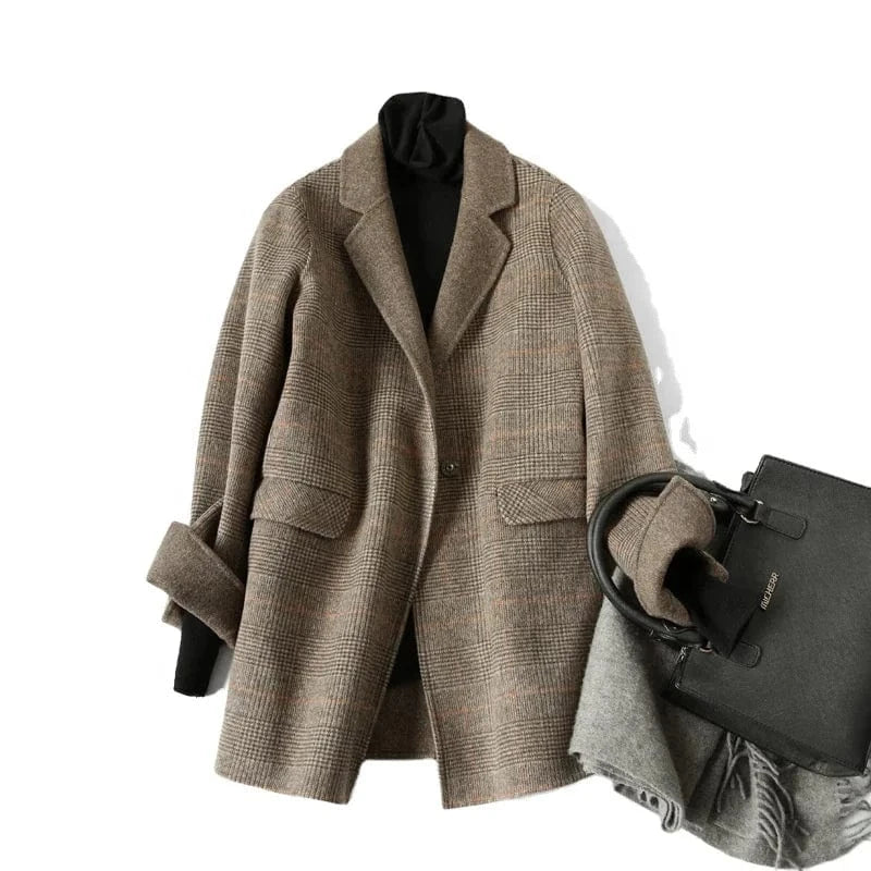 New Arrival Solid Color Lattice Double Face Winter Short Cashmere Wool Coats Women